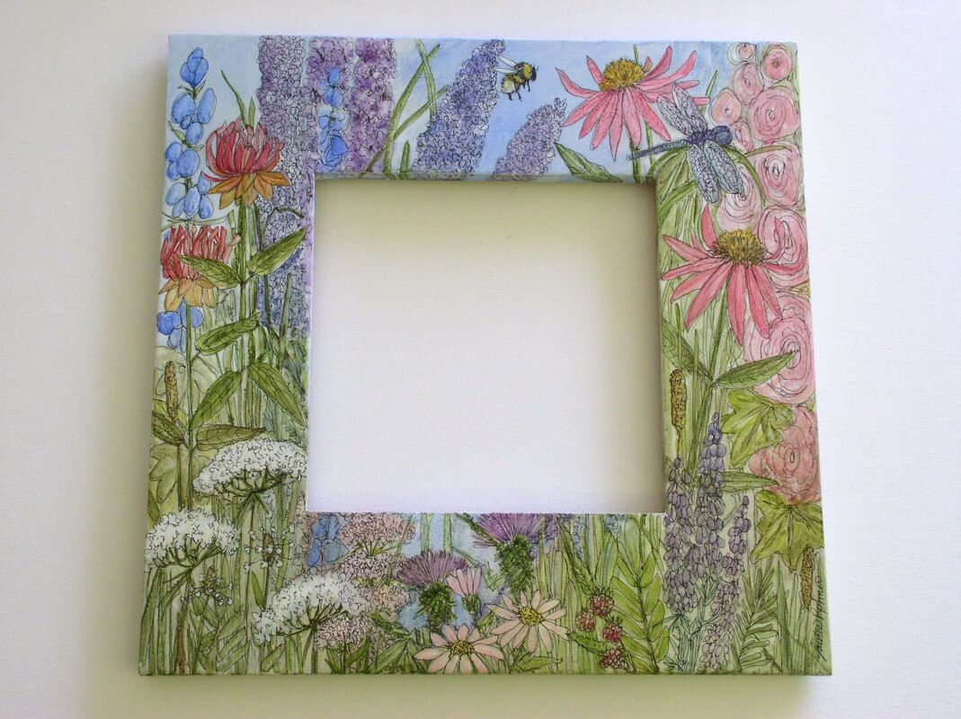 Painted flowers on framed painted mirror