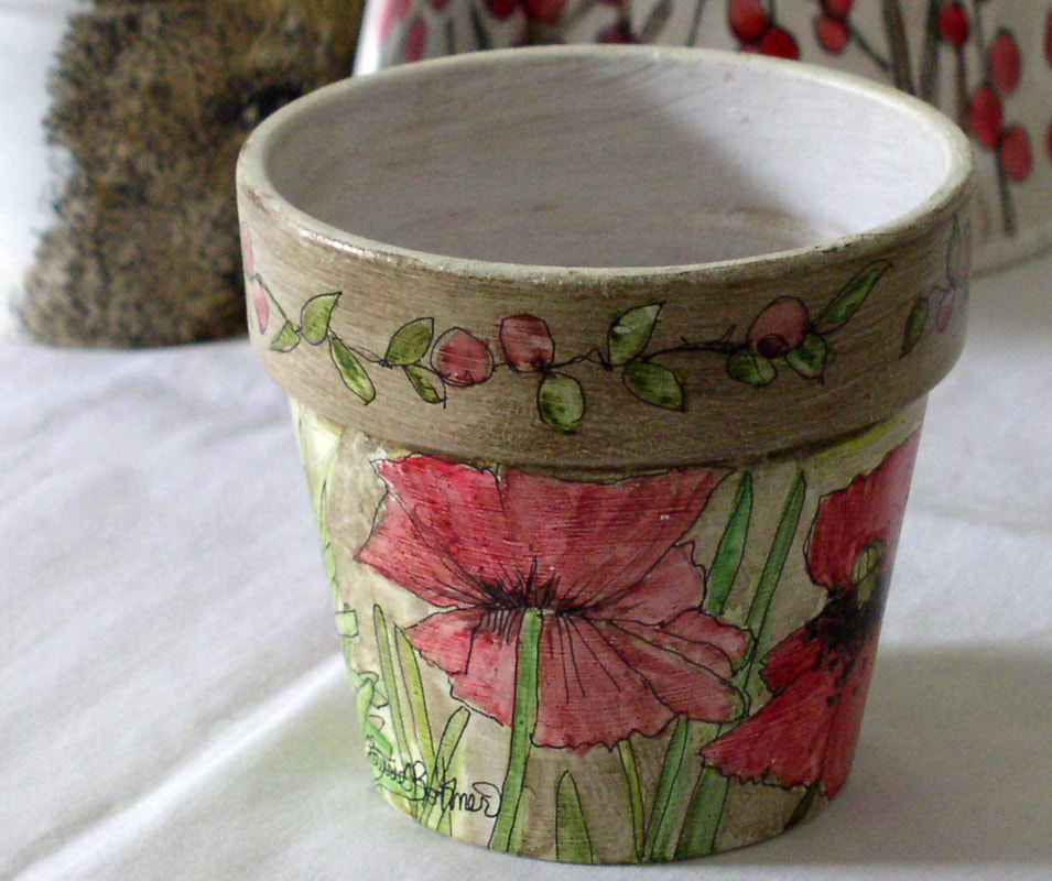 hand painted clay pot red poppies