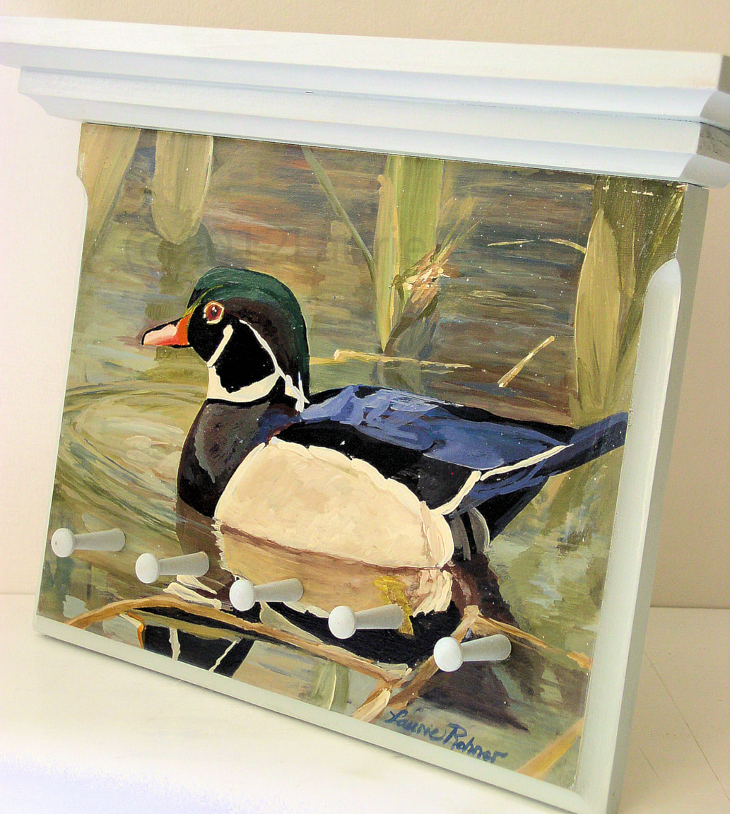 wood duck landscape original on painted shelf