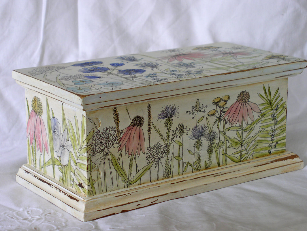 Farmhouse Hand Painted Furniture Wood Keepsake Box with Flowers Wildflowers